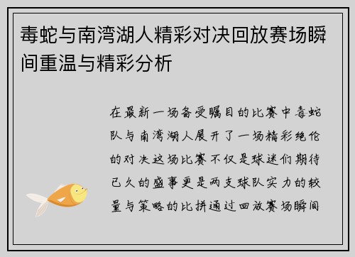 毒蛇与南湾湖人精彩对决回放赛场瞬间重温与精彩分析